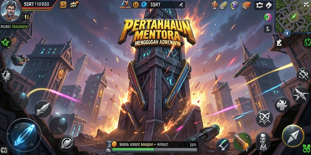 Screenshot gameplay seru 55RT saat melawan gelombang musuh.