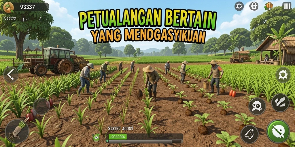Tampilan screenshot gameplay 93337 yang menampilkan lahan pertanian yang indah.