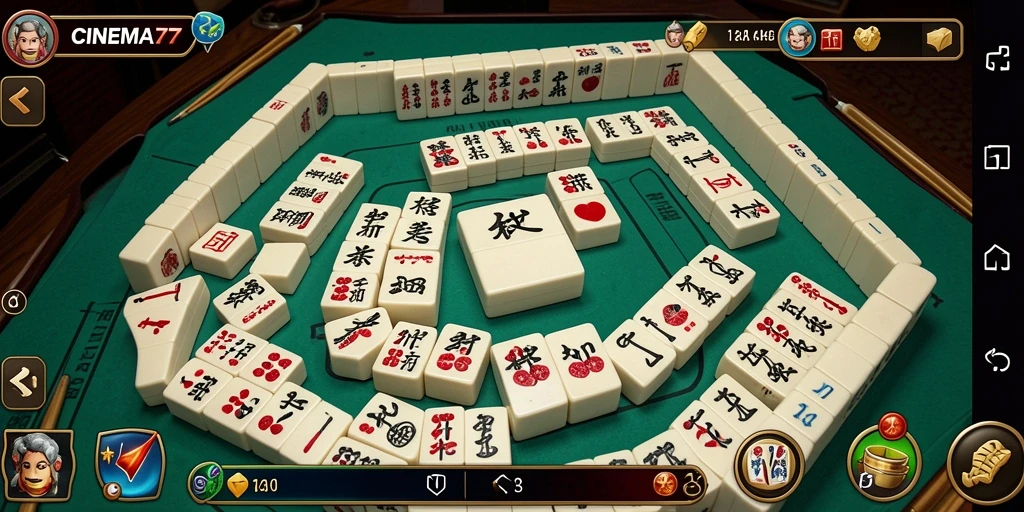 Screenshot utama CINEMA77 menunjukkan gameplay Mahjong yang intens.