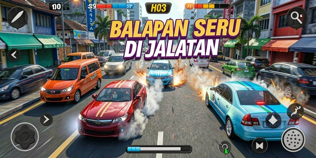 Screenshot gameplay H03 menunjukkan aksi balapan yang mendebarkan.