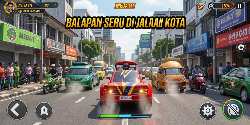 Screenshot gameplay MEGA111 menampilkan mobil balap beraksi di jalan kota.