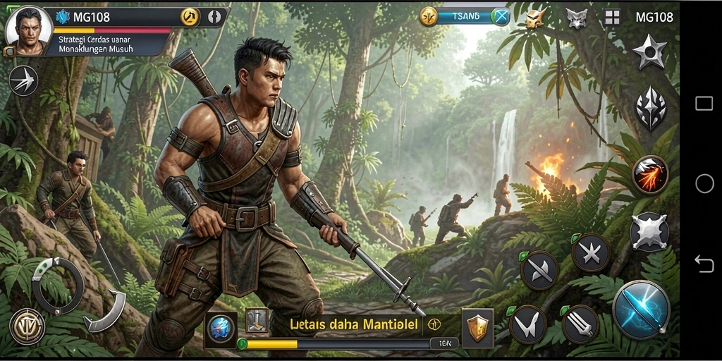 Gameplay MG108 yang intens dan strategis terlihat di layar.