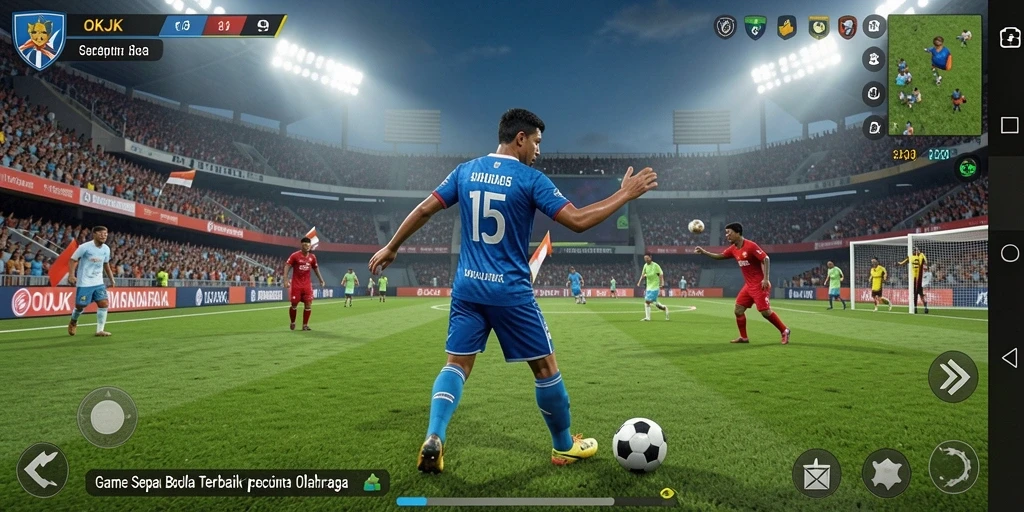 Screenshot permainan OKJK menampilkan aksi menyerang yang mendebarkan dalam sepak bola.