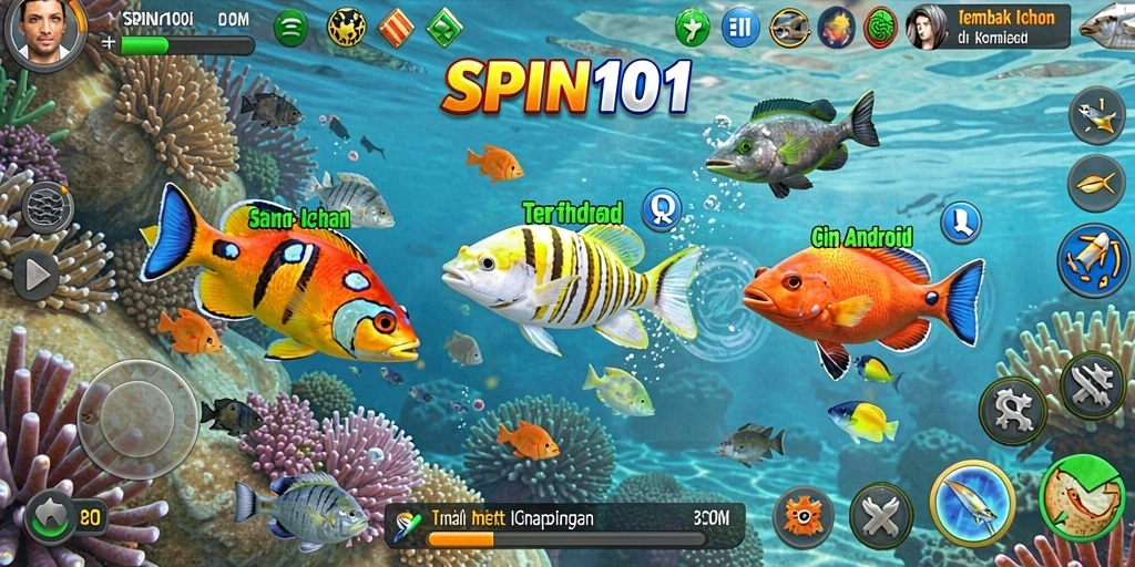 Screenshot gameplay SPIN101 menampilkan aksi seru menangkap ikan.
