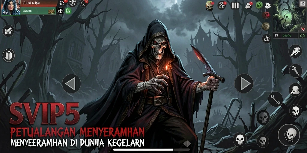 Screenshot gameplay SVIP5 yang menampilkan suasana horor yang kental.